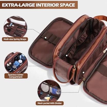 Engraved Father Day Gifts Toiletry Bag for Men Dad Husband, Custom Initial PU Leather Waterproof Toiletry Organizer Dop Kit Shaving Bag Travel Essentials, Large, Durable, Brown,J - style: J