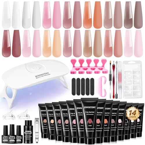 JEWHITENY Poly Extension Gel Nail Kit 14 PCS Poly Gel Kit with Slip Solution and Mini Lamp Nail Art Design Beginner - color: A03