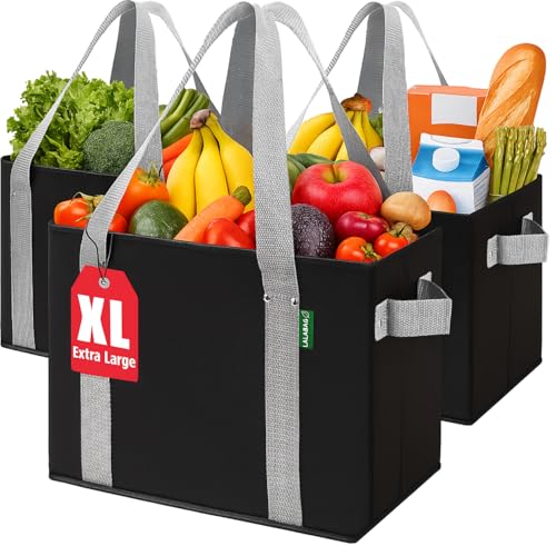 Reusable Grocery Bags (3 Pack ) - Heavy Duty Eco Tote Bags with Box Shape to Stand Up, Hold Up to 65 Lbs - Stay Open & Fold Flat - Foldable Reusable Shopping Bags with Long Handles & Hard Bottom - color: Black