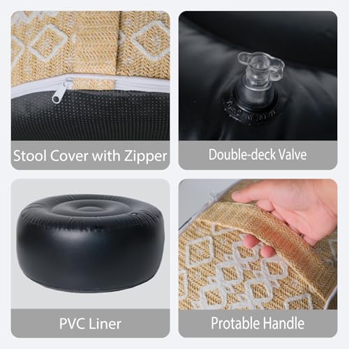 Outdoor Inflatable Ottoman with Air Pump, Embroidery Patio Footrest Stool D21”x H9”, Round Pouf Ottoman with Portable Handle Suitable for Garden, Camping, Bedroom, Living Room - color: White Embroidery