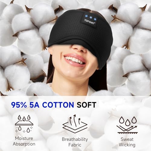 TOPOINT Sleep Mask Headphones Bluetooth Wireless 5.4, Breathable Cotton Eye Mask for Sleeping Side Sleepers Travel Music Headsets with Microphone Handsfree Men Women - color: Black, style: Breathable
