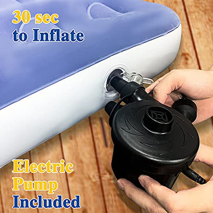 Inflatable Kids Travel Bed Toddler Air Mattress Set,Portable Blow Up Mattress Sleeping Bed Cot with Bed Rails and Electric Pump Ideal for Road Trip - color: Blue
