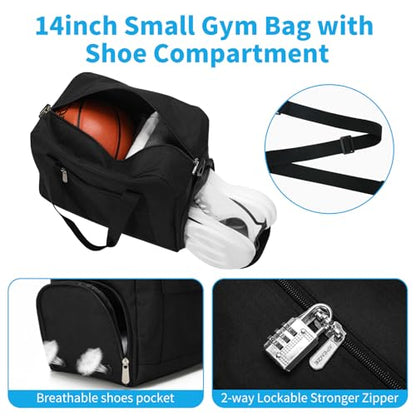 Apenze Small Gym Bag 14 inch lightweight Carry On Mini Duffel Bag with Shoe Compartment for Travel Sport - Black - color: Black