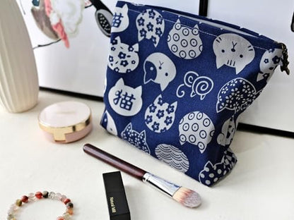 HAPPYHEIDI Canvas Makeup Bag, Cosmetic Travel Pouch, Kawaii Blue Cats, Cotton Blend, Animal Print, Zipper Closure, 7.1x2.4x7 Inches - color: GR-Canvas-Blue Cats