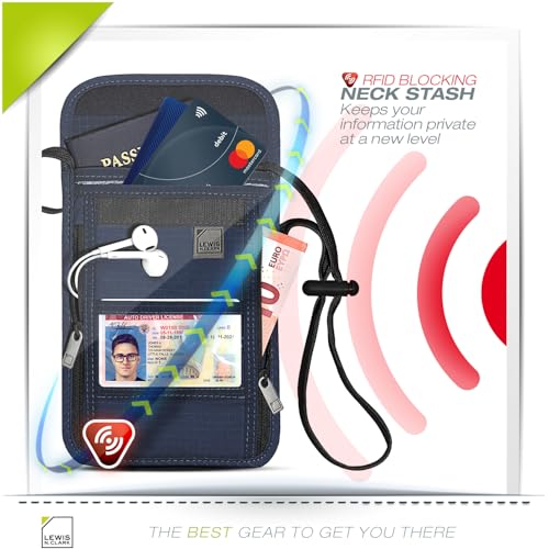 Lewis N. Clark RFID Blocking Stash Neck Wallet, Travel Pouch + Passport Holder for Women & Men, Navy - color: Navy