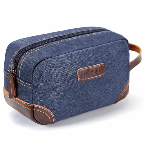 emissary Men's Toiletry Bag, Leather and Canvas Travel Toiletry Bag, Dopp Kit for Men, Travel Bathroom Bag Men's Shaving Kit, Travel Kit Small Bags for Men, Shaving Bag for Travel Accessories (Blue) - color: Blue