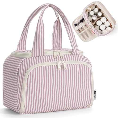 Narwey Striped Travel Toiletry Bag Large Makeup Bag for Women, Wide-open Cosmetic Make Up Organizer with Handle, Travel Bag for Toiletries, Essentials, Accessories (Dusty Pink Stripe) - color: Y-Dusty Pink Stripe