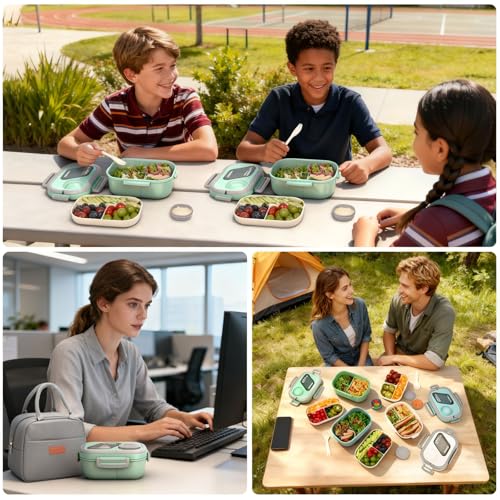 PEDECO Green Lunch Box Set with Bag & Utensil, Leak Proof for Women Men Kid | 2-tier stackable container with sauce pod,Insulated bag keeps food hot or cold,Microwave & dishwasher safe,for women men - color: Green