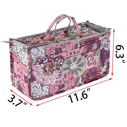 BTSKY Printing Handbag Organizers Inside Purse Insert - High Capacity 13 Pockets Bag Tote Organizer with Handle (Peony) - color: Pink