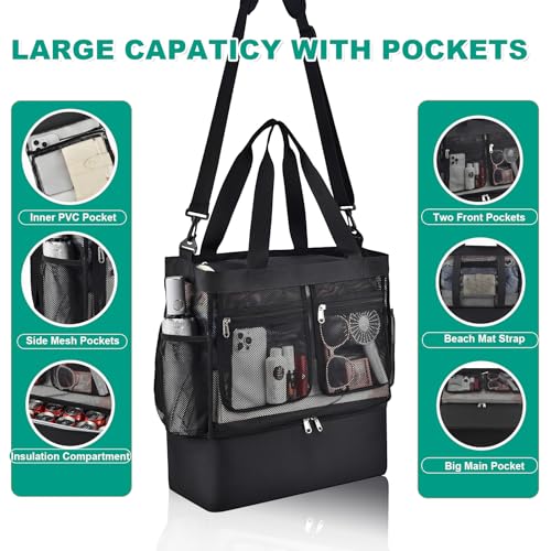 Beach Bags for Women, Large Beach Tote Bag Waterproof Mesh Swim Pool Bag with Cooler for Travel Vacation Essentials - color: Black