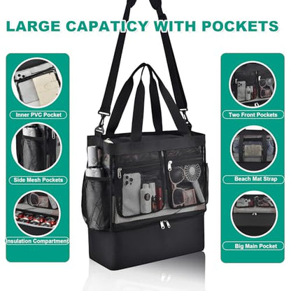 Beach Bags for Women, Large Beach Tote Bag Waterproof Mesh Swim Pool Bag with Cooler for Travel Vacation Essentials - color: Black