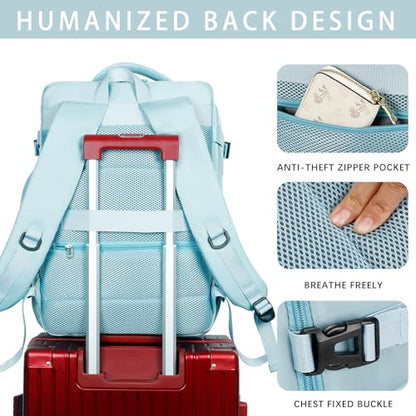 SHRRADOO Travel Backpack for Women & Men,Airline Approved Carry On Luggage,TSA Overnight Bags,40L Personal Item Travel Bag fits 17" Laptop,Carry on Bag with Storage Bag Cosmetic Bag Set 3pcs - color: Light Blue
