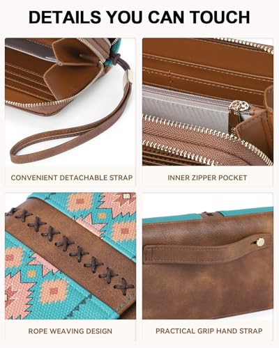 BOSTANTEN Wallets for Women Leather RFID Double Zipper Around Credit Card Holder Large Capacity Wristlet Clutch Wallet - color: Green＆brown Floral