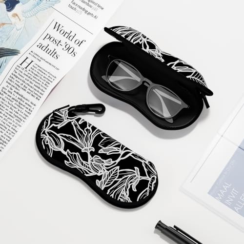 Sunglasses Soft Case, Ultra Light Portable Neoprene Zipper Glasses Case for Men Women - color: Black White Leaves