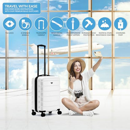 Flight Knight 24x16x10 Expandable Carry On Suitcase Hardside TSA Lock USB C Lightweight Luggage Silent Double Spinner Wheels Maximum Overhead Carry-On Bag For Virgin South West Approved White - color: White, size: 24x16x10"