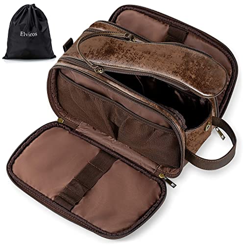 Elviros Travel Toiletry Bag for Men, Shaving Dopp Kit Water-resistant Bathroom Small Toiletries Organizer PU Leather Cosmetic Bags - color: Dark Coffee, size: Small (Pack of 1)