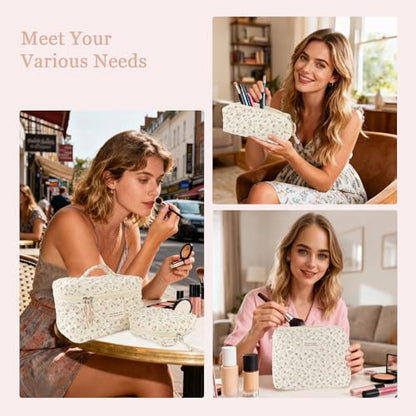 NATINSA Cute Makeup Bag for Women(2 Pcs), Travel Cosmetic Bags, Quilted Coquette Aesthetic Floral Toiletry Organizer Bag (46 - PinkMuDan) - color: 46 - PinkMuDan