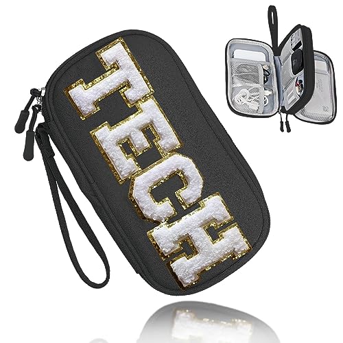 COSHAYSOO Small TECH Pouch Electronics Organizer Travel Bag Personalized Valentines Traveling Gifts for Women, Charging Cords Phone Charger USB Cable Management Airplane Cruise Essentials Black - color: Black