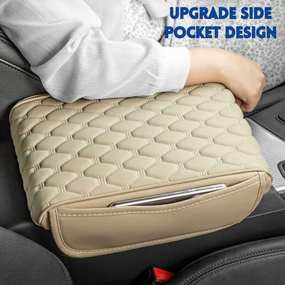 Car Armrest Cushion Pad Auto Center Console Cover with Storage Bag Memory Foam Arm Rest Console Pad Leather Universal Fit for Most Vehicles (Thick Pad, Beige) - color: Beige