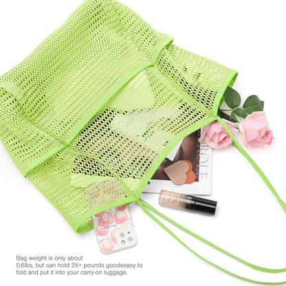 KPX Beach Bag with Mini Pocket, Summer Beach Tote Bags for Women Large Foldable Mesh Swimming Pool Travel Bags - Sandproof - color: Green