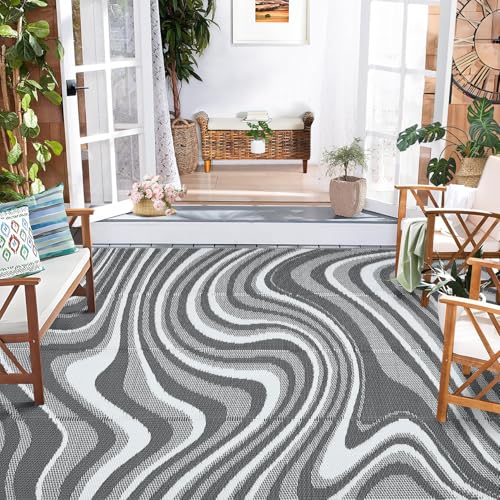 Garvee Outdoor Rug 8x10 Patio Waterproof, Abstract Outdoor Plastic Straw Rug, Camping Rugs for Outside Your RV, Foldable Lightweight Reversible Mats for Backyard, Deck, Picnic, Balcony, Black Grey - color: Modern|grey/White, size: 8' x 10' (Rectangular)