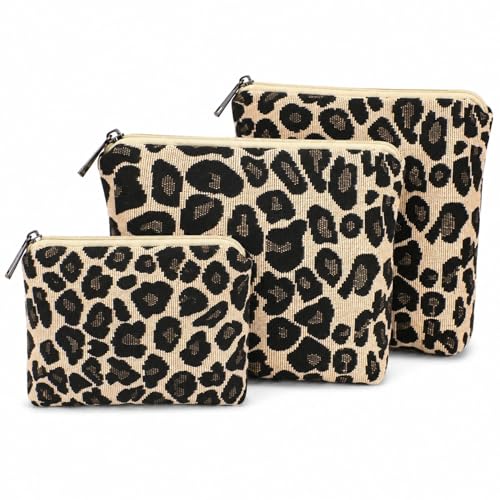 Small Cosmetic Bag Set of 3 for Purse, Cute Cotton Floral Makeup Bags, Small Makeup Bag Organizer, Cosmetic Pouch Set for Travel & Daily Use - color: Leopard Jacquard