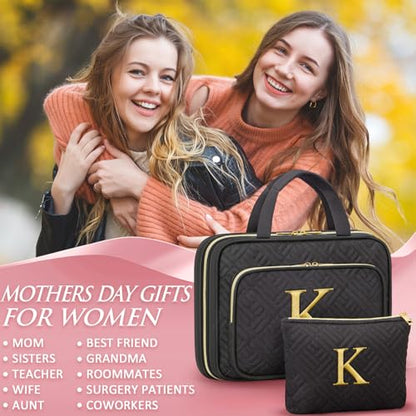 Gifts for Women, Initial Toiletry Makeup Bag Hanging Cosmetic Organizer with Embroidery Letter Personalized Nurse Teacher Appreciation Birthday Mothers Day Gifts for Mom Sister Wife Friends Auntie Her - style: K