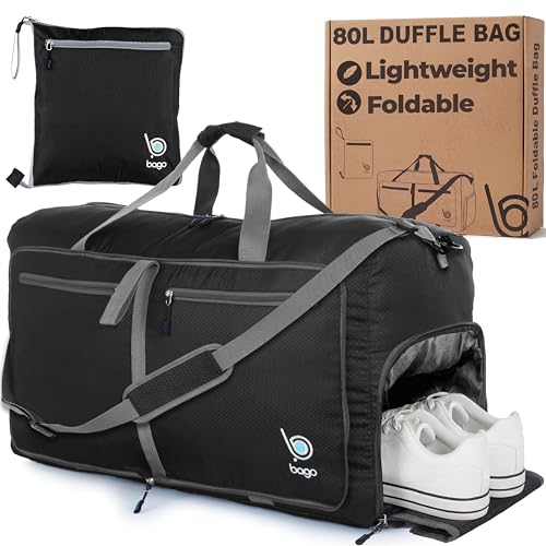 Bago Large Duffle Bag for Travel Women & Men. Durable Lightweight Foldable Travel Duffel Bags For Traveling Women. 80L Duffle Bags For Overnight Bag With Shoe Compartment Collapsible Weekender duffel - color: Black, size: 80L