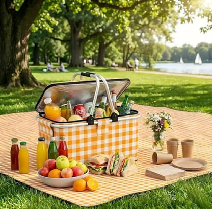 22L Collapsible Picnic Basket with Insulated Cooler, Includes Oversized 80"x80" Waterproof Blanket, Leakproof Aluminum Frame Market Grocery Tote for Family Camping, Beach & Outdoor Dates Yellow Plaid