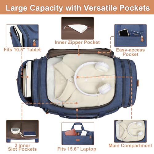 Canvas Mens Duffle Bag for Travel - Expandable 50L Weekender Bags with Toiletry Bag, Overnight Bag Travel Duffel Carry On Luggage with Removable Shoulder Strap, Durable & Water-Resistant - color: 6-Navy Blue