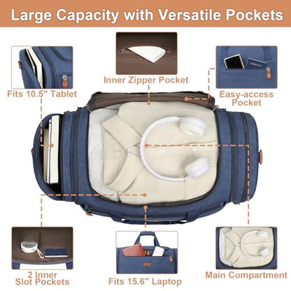 Canvas Mens Duffle Bag for Travel - Expandable 50L Weekender Bags with Toiletry Bag, Overnight Bag Travel Duffel Carry On Luggage with Removable Shoulder Strap, Durable & Water-Resistant - color: 6-Navy Blue