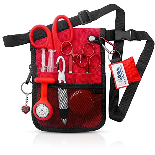 ASA TECHMED Nurse Utility Belt – Complete Medical Belt Utility Kit, Pro Pack Pocket Organizer Pouch Hip Bag for EMT, CNA, NP, PA, Student, Red - color: Red