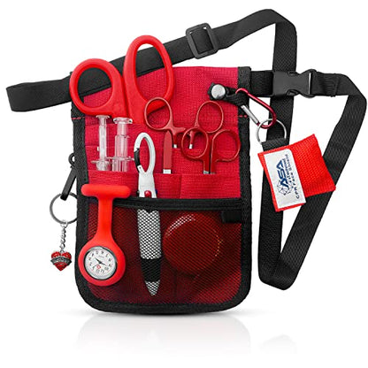 ASA TECHMED Nurse Utility Belt – Complete Medical Belt Utility Kit, Pro Pack Pocket Organizer Pouch Hip Bag for EMT, CNA, NP, PA, Student, Red - color: Red