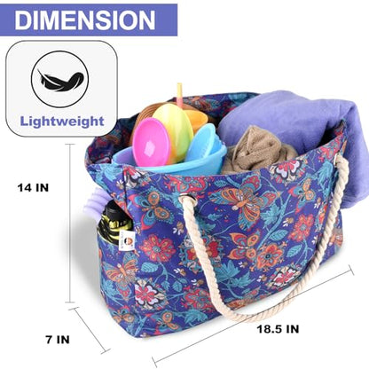 CaCTOUR Large Beach Bag Women,Beach Bags Waterproof Sandproof with Zipper Wet Pocket,Beach Tote Pool Bag for Swim Gym Travel - color: Flower/Butterfly