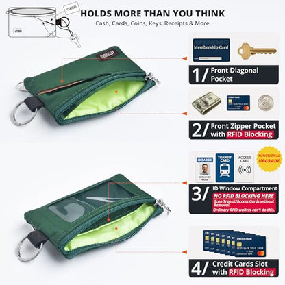 RFID Blocking Travel Wallet with Adjustable Lanyard, Small Nylon Zipper Pouch and Badge Holder for ID, Credit Cards, Cash, Keys, Commuters (Forest Green) - color: Forest Green