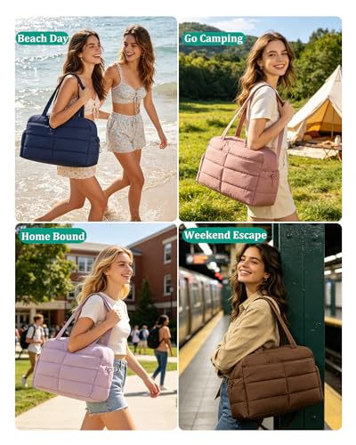 BAGSMART Gym Bag for Women, Lightweight Puffer Duffle Bag 2-PC Travel Bag, 31L Weekender Overnight Bag Quilted Carry On Tote Bag, Diaper Hospital Dance Bag for Travel, Gym, Water Resistant, Beige - color: Beige
