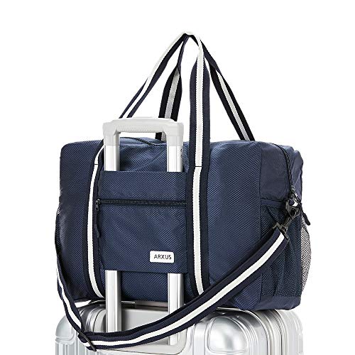 Arxus Foldable Tote Bag for Travel Expandable Lightweight Carry On Luggage 22L Packable Duffle Bag for Traveling - color: Navy Blue