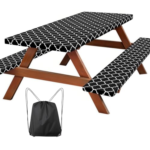 Picnic Table Cover with Bench Covers, Fitted 6ft Waterproof Tablecloth Set for Outdoor Camping & RV - Includes 1 Table Cover & 2 Bench Covers with Drawstring Storage Bag, 30"x72", Morocco Black - color: Morocco Black