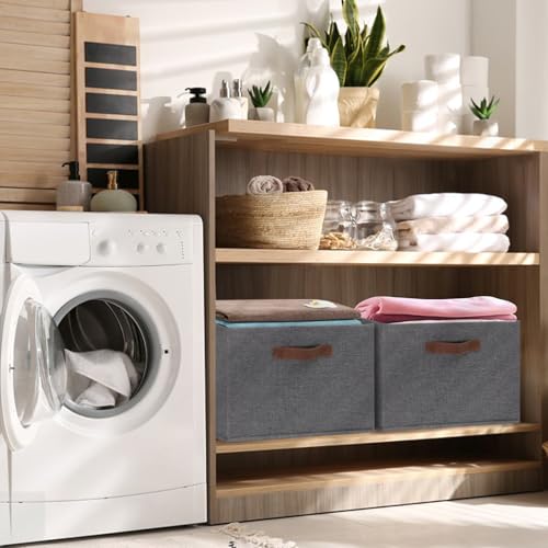 GhvyenntteS Large Fabric Storage Bins with 3 Handles, 15x11x9.6 Inch Storage Baskets for Shelves, Foldable Closet Storage Bins for Shelves, Closet Organizers and Storage Boxes, Gray - color: Gray, size: Large-3 Pack