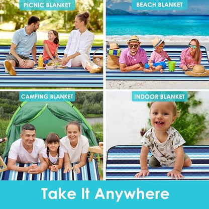 Waterproof Picnic Outdoor Blanket, 79" x 59" Sandproof Foldable Large Picnic Blanket for Beach, Camping, Park, Travel, Concert, Great Gift for Families and Couples (Blue Stripe) - color: Blue Vertical Stripe