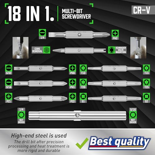 Amartisan 18-in-1 Multi-bit Screwdriver Set Tool All in One, Portable Multi-Purpose Screwdriver, Slotted/Philips/Pozi/Torx/Square,Nut Driver (Green) - color: Green, size: 18-in-1 Multi-bit Screwdriver Set