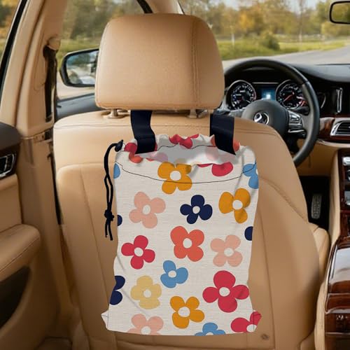 Colorful Groovy Flowers Car Trash Bag, Strap Drawstring Car Garbage Bags,Car Back Seat Organizer with Adjustable Buckle for Car Accessories - color: Colorful Groovy Flowers