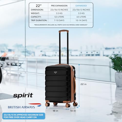 Flight Knight 22x18x10 Expandable Carry On Suitcase Hardside TSA Lock & USB C Port Lightweight Luggage Silent Double Spinner Wheels Maximum Spirit Overhead Carry-On Bag Airlines Approved Black - color: Black/Tan, size: 22x18x10"