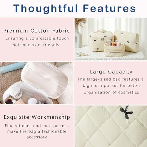 3pcs Large Cotton Quilted Makeup Bag Set,Coquette Aesthetic Cute Travel Toiletry Bag,Drawstring Gift Bag for Women and Girls(3Pcs Beige Bow) - color: 3Pcs Beige Bow