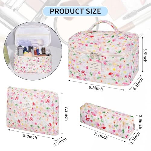 senbowe Floral Makeup Bag, 3 Pack Large Cotton Quilted Makeup Bag Set, Cute Floral Coquette Aesthetic Toiletry Bag Make Up Cosmetic Bag for Women, Toiletry Travel Make Up Organizer Bag - color: Colorful Flower