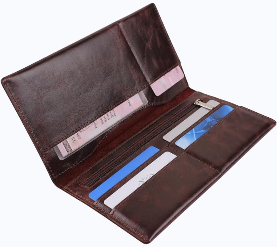 Genuine leather banknote wallet Travel Brown Cognac (leather, durable stitching, folds in half, holds 4 cards, coin pocket, flat banknote compartment)