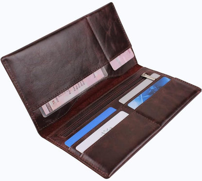 Genuine leather banknote wallet Travel Brown Cognac (leather, durable stitching, folds in half, holds 4 cards, coin pocket, flat banknote compartment)