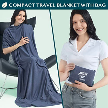 PAVILIA Travel Blanket Compact, Airplane Packable Bag, Soft Fleece Portable Throw Pillow Combo Set, Plane Flight Car Trips Essentials Gift Accessories, Luggage Backpack Clip, Navy Blue, 65 x 40 inch - color: Navy
