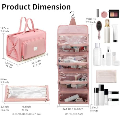 ROYALFAIR Roll Up Makeup Bag, Waterproof Toiletry Bag for Women, Hanging Travel Organizer bags with Jewelry Organizer Compartment, Extra Large 4 Clear TSA Approved Pouches Cosmetic Makeup (light red) - color: light red