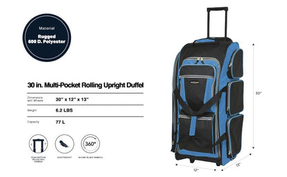 Travelers Club Xpedition 30 Inch Multi-Pocket Upright Rolling Duffel Bag - color: Blue